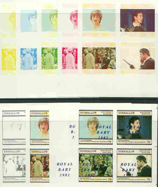 Eynhallow 1982 Royal Baby opt on Royal Wedding sheetlet containing set of 4 values, the set of 9 imperf progressive colour proofs comprising single colours and various colour combinations incl completed design (36 proofs) unmounted mint, stamps on charles, stamps on diana, stamps on royalty, stamps on william