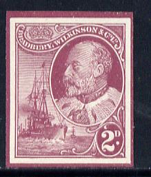 Cinderella - Great Britain Bradbury Wilkinson imperf dummy 2d stamp in maroon on ungummed paper depicting KEVII & Naval Destroyer, stamps on , stamps on  stamps on royalty   ships      cinderella