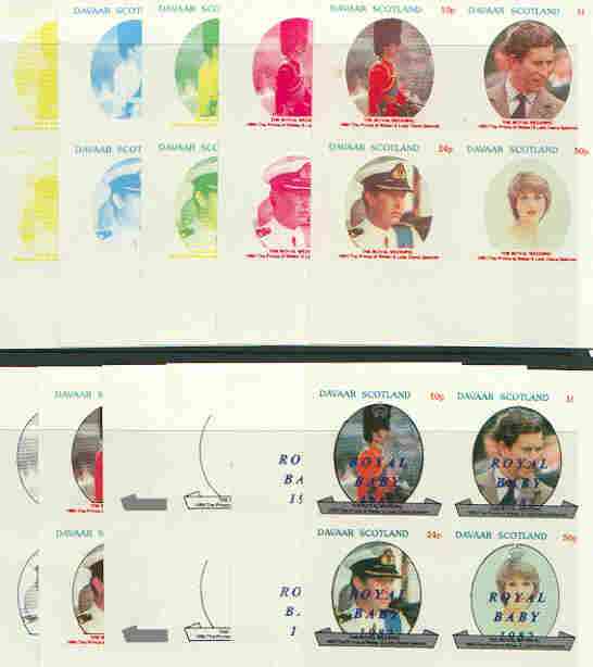 Davaar Island 1982 Royal Baby opt on Royal Wedding sheetlet containing set of 4 values, the set of 11 imperf progressive colour proofs comprising single colours and various colour combinations incl completed design (44 proofs) unmounted mint, stamps on charles, stamps on diana, stamps on royalty, stamps on william
