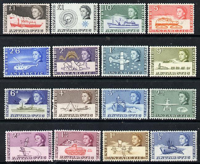 British Antarctic Territory 1963-69 First definitive set complete - 16 values including both A31 values, unmounted mint SG 1-15a, stamps on , stamps on  stamps on polar