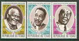 Chad 1971 American Black jazz Musicians (Bechet, Armstrong & Ellington) set of 3 unmounted mint, SG 341-43*, stamps on , stamps on  stamps on music, stamps on jazz, stamps on personalities, stamps on  stamps on masonics, stamps on  stamps on masonry