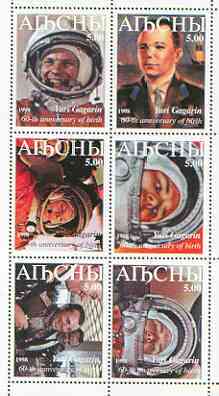 Abkhazia 1999 Yuri Gagarin perf sheetlet containing 6 values unmounted mint, stamps on , stamps on  stamps on space, stamps on gagarin, stamps on personalities