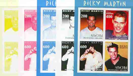 Abkhazia 2000 Ricky Martin sheetlet containing 4 values - the set of 5 imperf progressive proofs comprising the 4 individual colours plus all 4-colour composite (completed design) 20 proofs, stamps on , stamps on  stamps on personalities, stamps on  stamps on music, stamps on  stamps on pops