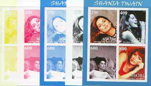 Abkhazia 2000 Shania Twain sheetlet containing 4 values - the set of 5 imperf progressive proofs comprising the 4 individual colours plus all 4-colour composite (completed design) 20 proofs, stamps on , stamps on  stamps on personalities, stamps on music, stamps on pops