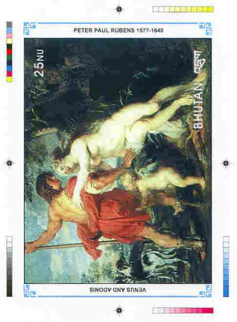 Bhutan 1991 Death Anniversary of Peter Paul Rubens Intermediate stage computer-generated artwork for 25nu m/sheet (Adonis and Venus), magnificent item ex Government archi...