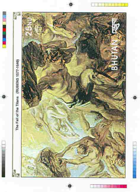 Bhutan 1991 Death Anniversary of Peter Paul Rubens Intermediate stage computer-generated artwork for 25nu m/sheet (The Fall of the Titans), magnificent item ex Government archives (198 x 135 mm) as Sc 1003, stamps on , stamps on  stamps on arts, stamps on rubens, stamps on mythology, stamps on ancient greece, stamps on  stamps on renaissance