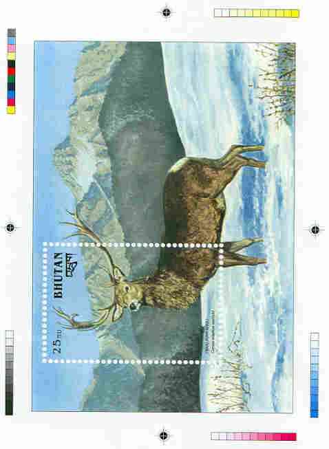 Bhutan 1990 Endangered Wildlife - Intermediate stage computer-generated essay #4 (as submitted for approval) for 25nu m/sheet (Himalayan Shou) 190 x 135 mm very similar to issued design plus marginal markings, ex Government archives and probably unique (as Sc 933), stamps on , stamps on  stamps on animals, stamps on deer