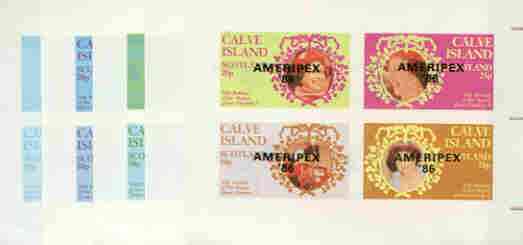 Calve Island 1986 Queen's 60th Birthday imperf sheetlet containing 4 values with AMERIPEX opt in black, set of 5 progressive proofs comprising single & various composite combinations (20 proofs) unmounted mint, stamps on , stamps on  stamps on royalty, stamps on  stamps on 60th birthday, stamps on  stamps on stamp exhibitions