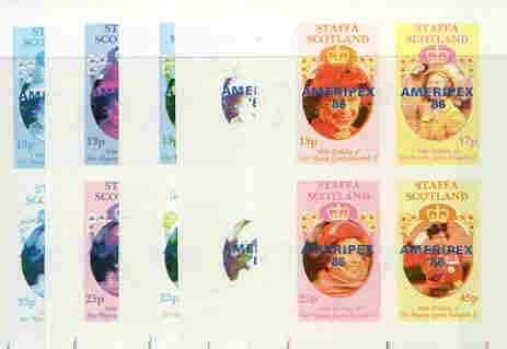 Staffa 1986 Queen's 60th Birthday imperf sheetlet containing 4 values with AMERIPEX opt in blue, set of 5 progressive proofs comprising single & various composite combinations (20 proofs) unmounted mint, stamps on , stamps on  stamps on royalty, stamps on  stamps on 60th birthday, stamps on  stamps on stamp exhibitions