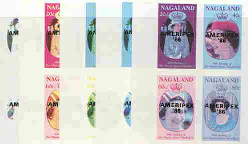 Nagaland 1986 Queen's 60th Birthday imperf sheetlet containing 4 values with AMERIPEX opt in black, set of 5 progressive proofs comprising single & various composite combinations (20 proofs) unmounted mint, stamps on royalty, stamps on 60th birthday, stamps on stamp exhibitions