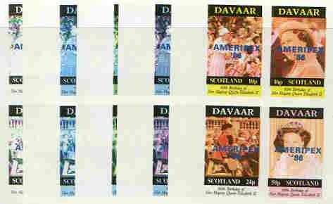 Davaar Island 1986 Queen's 60th Birthday imperf sheetlet containing 4 values with AMERIPEX opt in blue, set of 5 progressive proofs comprising single & various composite combinations (20 proofs) unmounted mint, stamps on , stamps on  stamps on royalty, stamps on  stamps on 60th birthday, stamps on  stamps on stamp exhibitions