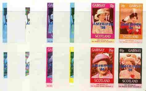 Gairsay 1986 Queen's 60th Birthday imperf sheetlet containing 4 values with AMERIPEX opt in blue, set of 5 progressive proofs comprising single & various composite combinations (20 proofs) unmounted mint, stamps on , stamps on  stamps on royalty, stamps on  stamps on 60th birthday, stamps on  stamps on stamp exhibitions