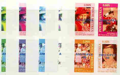 Eritrea 1986 Queens 60th Birthday imperf sheetlet containing 4 values with AMERIPEX opt in blue, set of 5 progressive proofs comprising single & various composite combina..., stamps on royalty, stamps on 60th birthday, stamps on stamp exhibitions