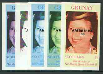 Grunay 1986 Queen's 60th Birthday imperf souvenir sheet (\A31 value) with AMERIPEX opt in black, set of 5 progressive proofs comprising single & various composite combinations unmounted mint, stamps on royalty, stamps on 60th birthday, stamps on stamp exhibitions