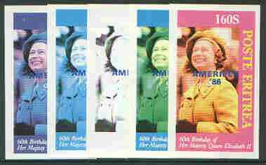 Eritrea 1986 Queens 60th Birthday imperf souvenir sheet (160s value) with AMERIPEX opt in blue, set of 5 progressive proofs comprising single & various composite combinat..., stamps on royalty, stamps on 60th birthday, stamps on stamp exhibitions