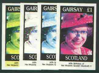 Gairsay 1986 Queen's 60th Birthday imperf souvenir sheet (A31 value) with AMERIPEX opt in blue, set of 4 progressive proofs comprising single & various composite combinations unmounted mint, stamps on , stamps on  stamps on royalty, stamps on  stamps on 60th birthday, stamps on  stamps on stamp exhibitions