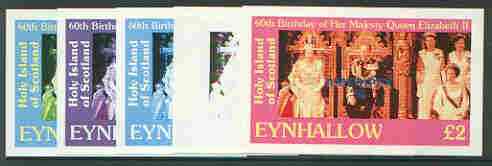 Eynhallow 1986 Queen's 60th Birthday imperf deluxe sheet (\A32 value) with AMERIPEX opt in blue, set of 5 progressive proofs comprising single & various composite combinations unmounted mint