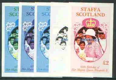 Staffa 1986 Queen's 60th Birthday imperf deluxe sheet (A32 value) with AMERIPEX opt in blue, set of 5 progressive proofs comprising single & various composite combinations unmounted mint, stamps on , stamps on  stamps on royalty, stamps on  stamps on 60th birthday, stamps on  stamps on stamp exhibitions
