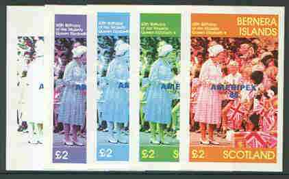 Bernera 1986 Queen's 60th Birthday imperf deluxe sheet (\A32 value) with AMERIPEX opt in blue, set of 5 progressive proofs comprising single & various composite combinations unmounted mint, stamps on royalty, stamps on 60th birthday, stamps on stamp exhibitions