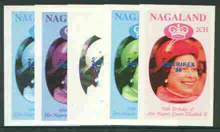 Nagaland 1986 Queens 60th Birthday imperf deluxe sheet (2Ch value) with AMERIPEX opt in blue, set of 5 progressive proofs comprising single & various composite combinatio..., stamps on royalty, stamps on 60th birthday, stamps on stamp exhibitions