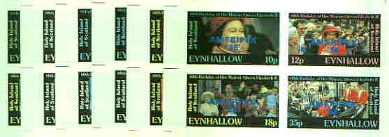 Eynhallow 1986 Queen's 60th Birthday imperf sheetlet containing set of 4 values each opt'd AMERIPEX '86 in blue - the set of 6 progressive proofs comprising single & various composite combinations incl completed design (24 proofs) unmounted mint, stamps on , stamps on  stamps on royalty, stamps on  stamps on 60th birthday, stamps on  stamps on stamp exhibitions