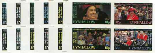 Eynhallow 1986 Queen's 60th Birthday imperf sheetlet containing set of 4 values - the set of 6 progressive proofs comprising single & various composite combinations incl completed design (24 proofs) unmounted mint, stamps on royalty, stamps on 60th birthday