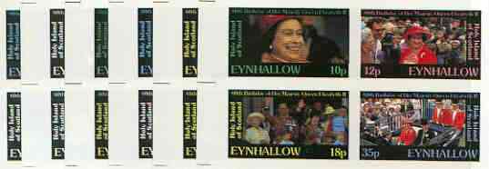 Eynhallow 1986 Queen's 60th Birthday imperf sheetlet containing set of 4 values - the set of 6 progressive proofs comprising single & various composite combinations incl completed design (24 proofs) unmounted mint, stamps on , stamps on  stamps on royalty, stamps on 60th birthday