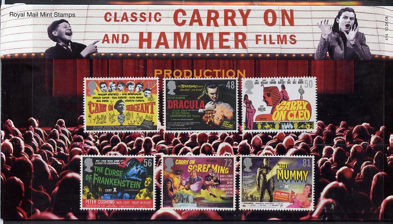 Great Britain 2008 Classic Carry On & Hammer Films perf set of 6 in official presentation pack SG 2849-54, stamps on , stamps on  stamps on films, stamps on  stamps on cinema, stamps on  stamps on movies, stamps on  stamps on comedy, stamps on  stamps on horror, stamps on  stamps on militaria, stamps on  stamps on egyptology, stamps on  stamps on 