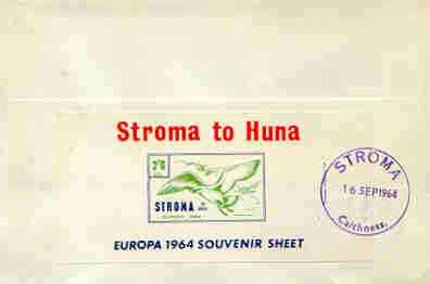 Stroma 1964 Europa imperf m/sheet 2s6d (Herring Gull) on reverse of cover to London which bears the normal 3d UK inland rate. Note: I have several of these covers so the ...