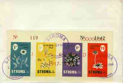 Stroma 1965 Europa (Flowers) imperf sheetlet containing set of 4 opt'd JF Kennedy in red, on reverse of cover to London which bears the normal 4d UK inland rate. Note: I have several of these covers so the one you receive may be slightly different to the one illustrated, stamps on , stamps on  stamps on europa, stamps on flowers, stamps on kennedy