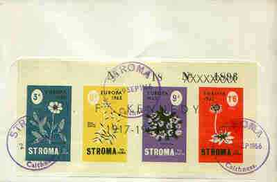 Stroma 1965 Europa (Flowers) imperf sheetlet containing set of 4 optd JF Kennedy in black, on reverse of cover to London which bears the normal 4d UK inland rate. , stamps on europa, stamps on flowers, stamps on kennedy