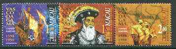 Macao 1998 Vasco da Gama's Voyages se-tenant strip of 3 (with incorrect dates) unmounted mint, SG 1040-42 (sheets containing 4 sets pro rata), stamps on , stamps on  stamps on ships, stamps on explorers, stamps on maps