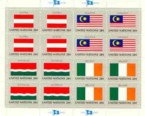 United Nations (NY) 1982 Flags of Member Nations #3 sheetlet of 16 containing flags of Austria, Malaysia, Seychelles & Ireland each in blocks of 4 unmounted mint, SG 386a, stamps on , stamps on  stamps on flags