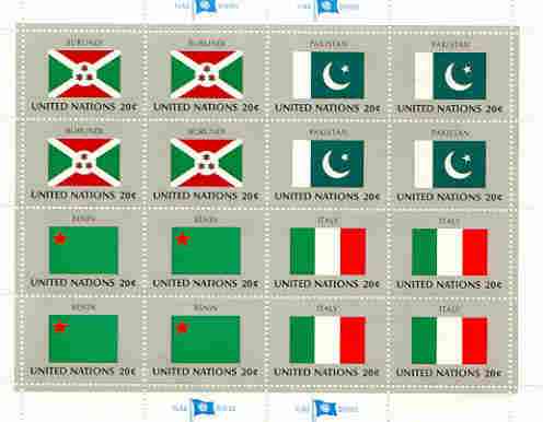 United Nations (NY) 1984 Flags of Member Nations #5 sheetlet of 16 containing flags of Burundi, Pakistan, Benin & Italy each in blocks of 4 unmounted mint, SG 437a, stamps on , stamps on  stamps on flags