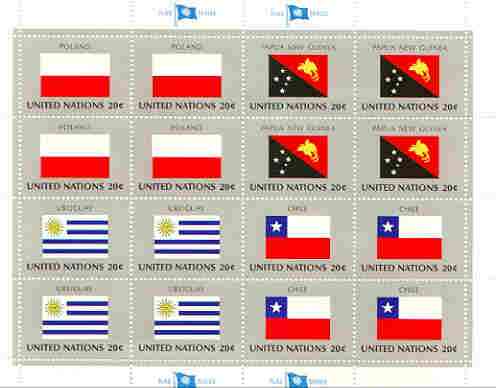 United Nations (NY) 1984 Flags of Member Nations #5 sheetlet of 16 containing flags of Poland, Papua New Guinea, Uruguay & Chile each in blocks of 4 unmounted mint, SG 44...