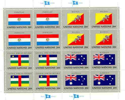 United Nations (NY) 1984 Flags of Member Nations #5 sheetlet of 16 containing flags of Paraguay, Bhutan, Central African Republic & Australia each in blocks of 4 unmounte..., stamps on flags