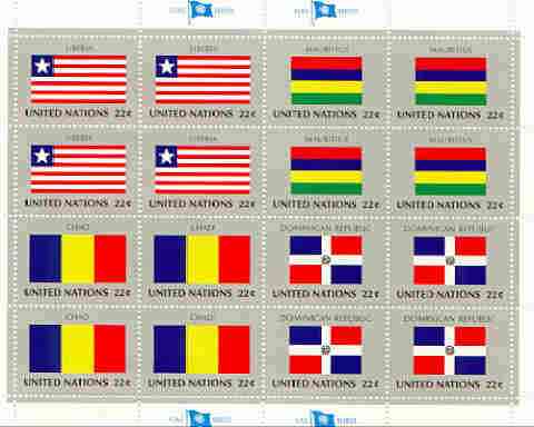 United Nations (NY) 1985 Flags of Member Nations #6 sheetlet of 16 containing flags of Liberia, Mauritius, Chad & Dominican Republic each in blocks of 4 unmounted mint, SG 466a, stamps on , stamps on  stamps on flags