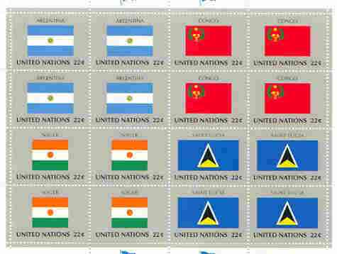 United Nations (NY) 1987 Flags of Member Nations #8 sheetlet of 16 containing flags of Argentina, Congo, Niger & St Lucia each in blocks of 4 unmounted mint, SG 519a, stamps on flags