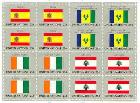 United Nations (NY) 1988 Flags of Member Nations #9 sheetlet of 16 containing flags of Spain, St Vincent, Ivory Coast & Lebanon each in blocks of 4 unmounted mint, SG 540a, stamps on , stamps on  stamps on flags