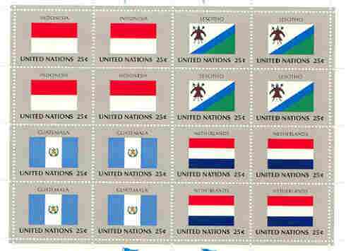 United Nations (NY) 1989 Flags of Member Nations #10 sheetlet of 16 containing flags of Indonesia, Lesotho, Guatemala & Netherlands each in blocks of 4 unmounted mint, SG 566a