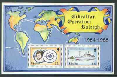Gibraltar 1988 Operation Raleigh m/sheet unmounted mint, SG MS 603, stamps on maps, stamps on ships, stamps on explorers