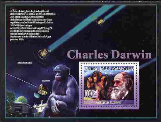 Comoro Islands 2009 Charles Darwin perf souvenir sheet unmounted mint, Michel BL 490, stamps on personalities, stamps on science, stamps on animals, stamps on apes, stamps on , stamps on darwin