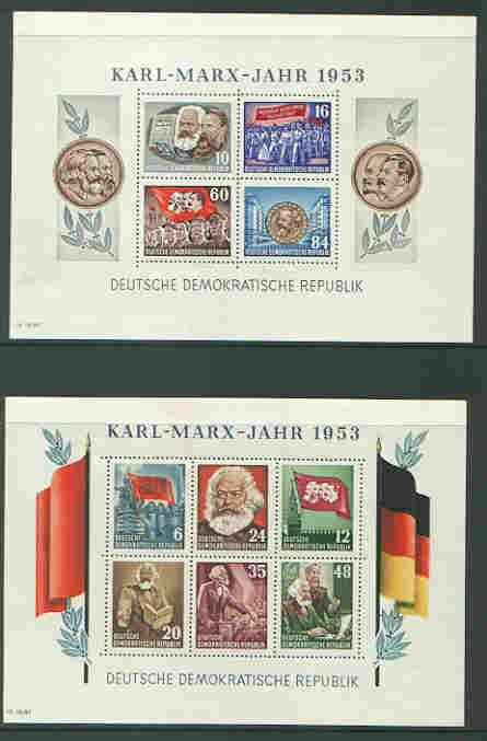 Germany - East 1953 Death Anniversary of Karl Marx set of 2 perf m/sheets unmounted mint, SG MS E111a, stamps on , stamps on  stamps on personalities, stamps on constitutions, stamps on marx