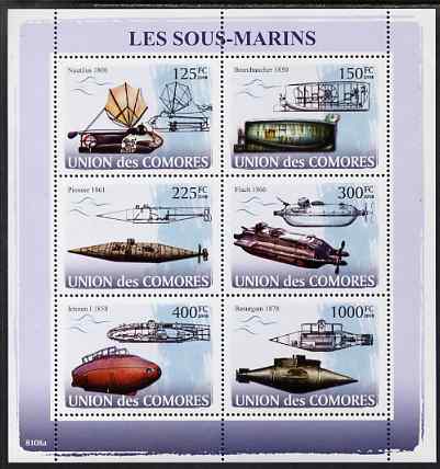 Comoro Islands 2009 Submarines perf sheetlet containing 6 values unmounted mint, Michel 1910-15, stamps on , stamps on  stamps on transport, stamps on  stamps on ships, stamps on  stamps on submarines