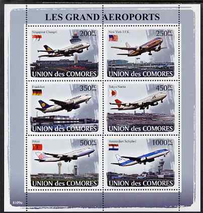 Comoro Islands 2009 Airports perf sheetlet containing 6 values unmounted mint, Michel 1937-42, stamps on airports, stamps on aviation