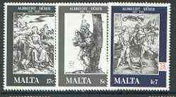 Malta 1978 Death Anniversary of Albrecht Durer set of 3 unmounted mint, SG 596-98*, stamps on arts, stamps on durer, stamps on bagpipes, stamps on renaissance, stamps on scots, stamps on scotland