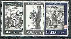 Malta 1978 Death Anniversary of Albrecht Durer set of 3 unmounted mint, SG 596-98*, stamps on , stamps on  stamps on arts, stamps on durer, stamps on  stamps on bagpipes, stamps on  stamps on renaissance, stamps on  stamps on scots, stamps on  stamps on scotland