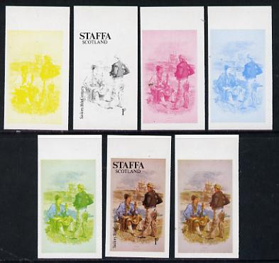 Staffa 1977 Sailor's' Uniforms 1p (Sailor 18th Century) set of 7 imperf progressive colour proofs comprising the 4 individual colours plus 2, 3 and all 4-colour composites unmounted mint, stamps on , stamps on  stamps on explorers, stamps on  stamps on ships, stamps on  stamps on militaria, stamps on  stamps on military uniforms