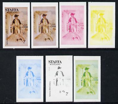 Staffa 1977 Sailor's' Uniforms 2p (Admiral 18th Century) set of 7 imperf progressive colour proofs comprising the 4 individual colours plus 2, 3 and all 4-colour composites unmounted mint, stamps on , stamps on  stamps on explorers, stamps on  stamps on ships, stamps on  stamps on militaria, stamps on  stamps on military uniforms