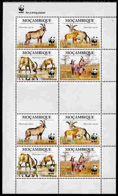 Mozambique 2010 WWF - Antelope Hippotragus equinus perf sheetlet containing 2 x sets of 4 vaues unmounted mint, stamps on , stamps on  stamps on animals, stamps on  stamps on  wwf , stamps on  stamps on antelope